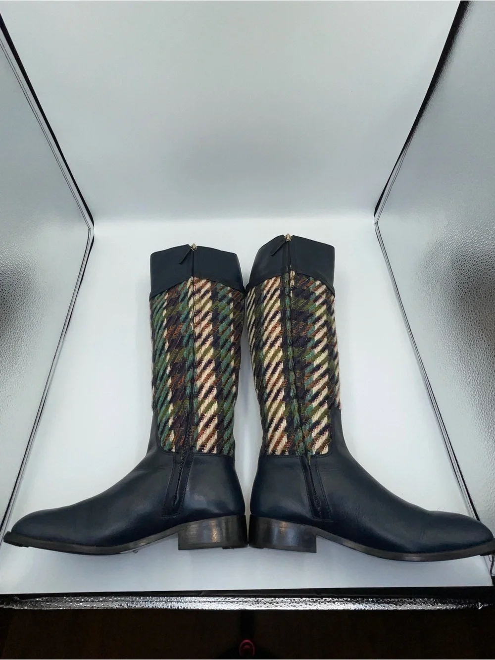 Tory Burch Navy Leather & Multicolor Knit Tall Boots